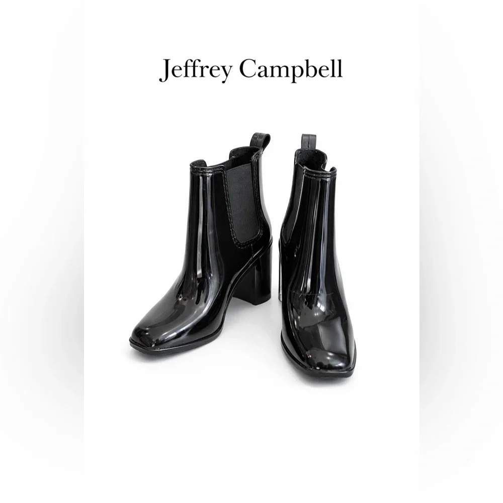Jeffery Campbell Stormy Black Glossy Chelsea Rain Boots Ankle Block Heel 7